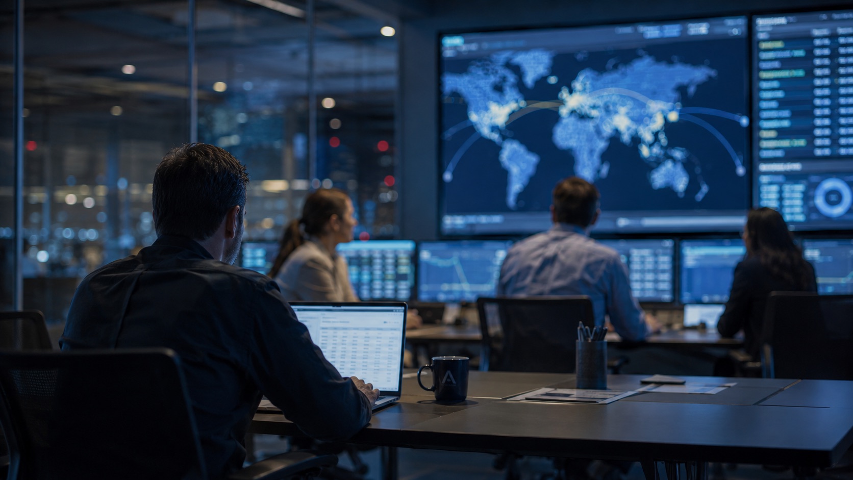 Operations team at workstations facing a wall display of world routes