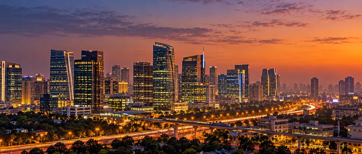 Delhi business district skyline at sunset