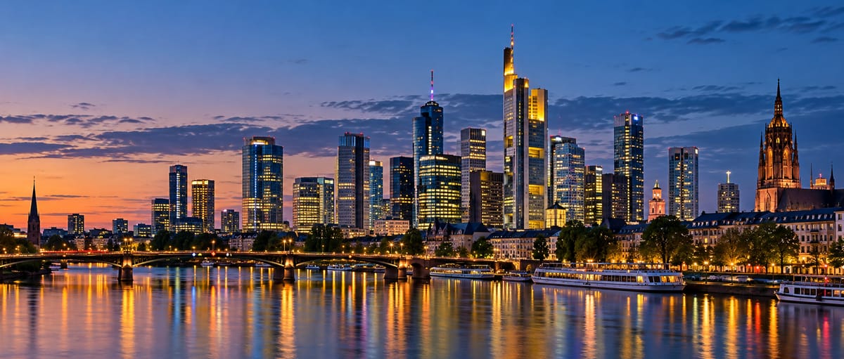 Frankfurt skyline across the Main river at dusk