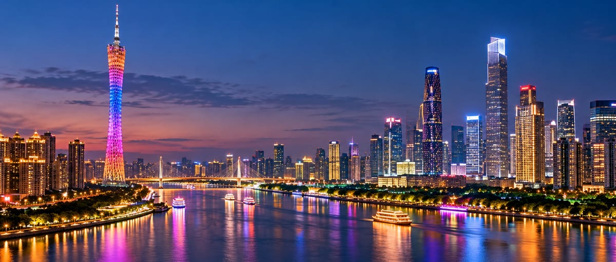 Guangzhou skyline and Canton Tower over the Pearl River at night