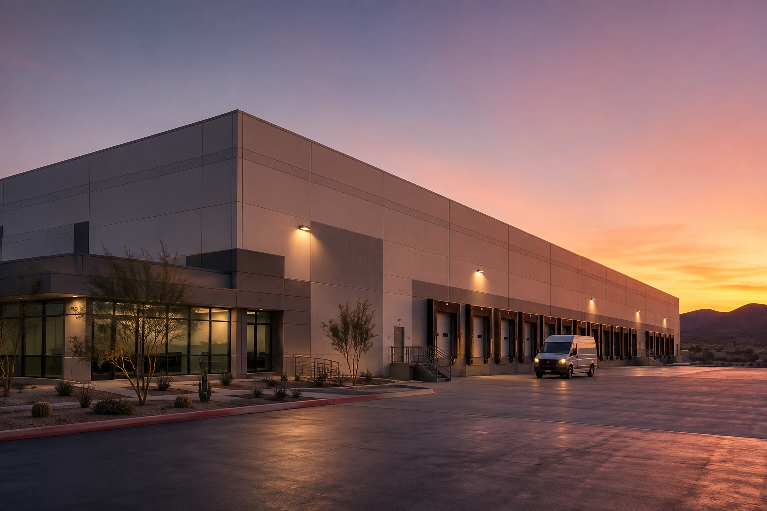 Distribution warehouse exterior with a row of loading docks at dusk