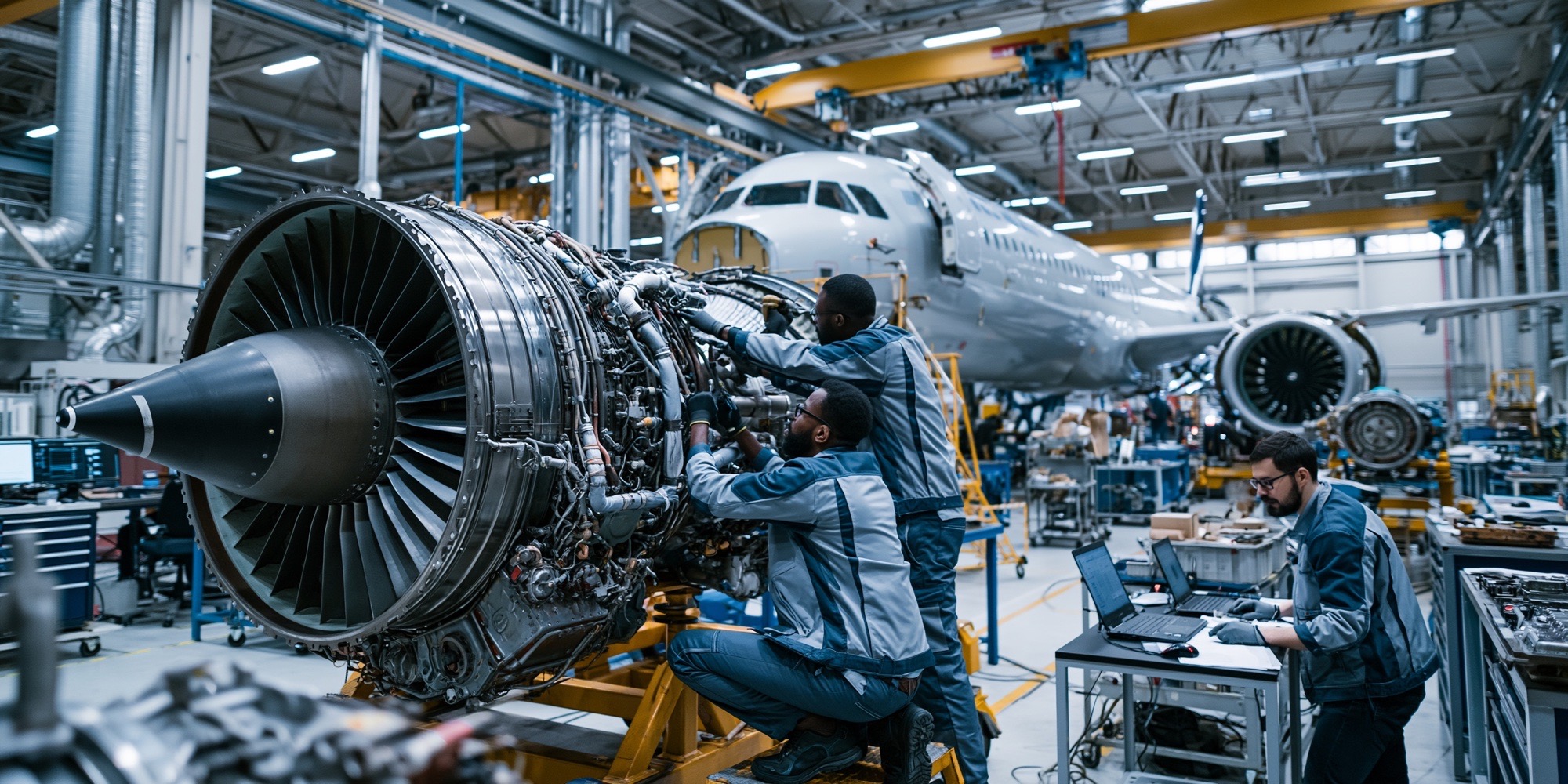 Technicians working on a turbofan engine in the shop, aircraft behind