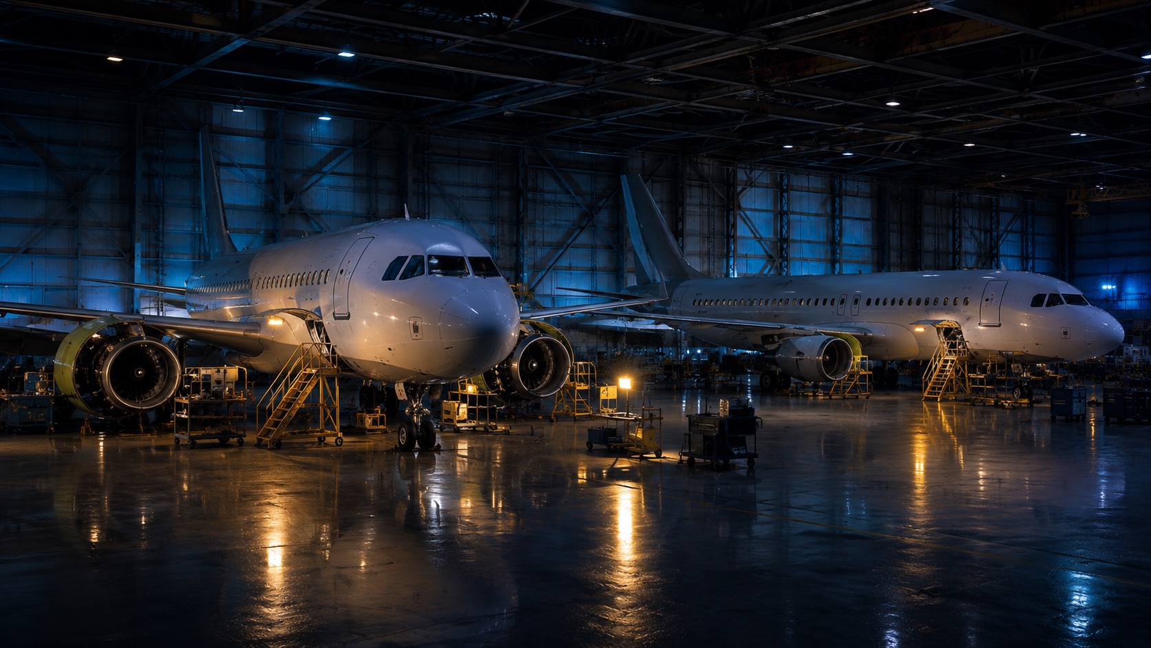 Two airliners under work lights in a maintenance hangar at night