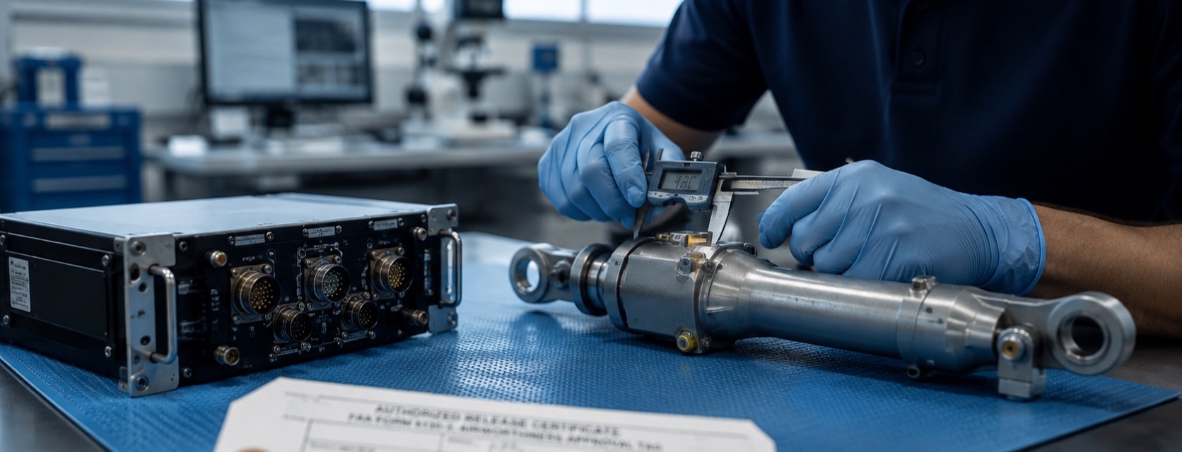 Gloved technician measuring an actuator with digital calipers at an inspection bench, release paperwork in front
