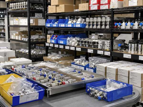 Stocked, tagged components on inventory shelving