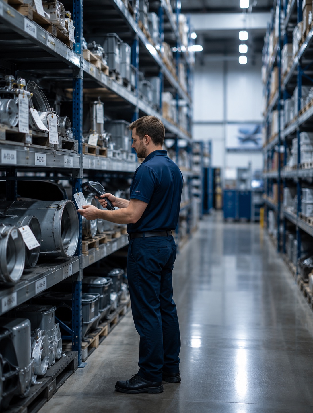 Warehouse aisle of racked, tagged components, a technician scanning a part label