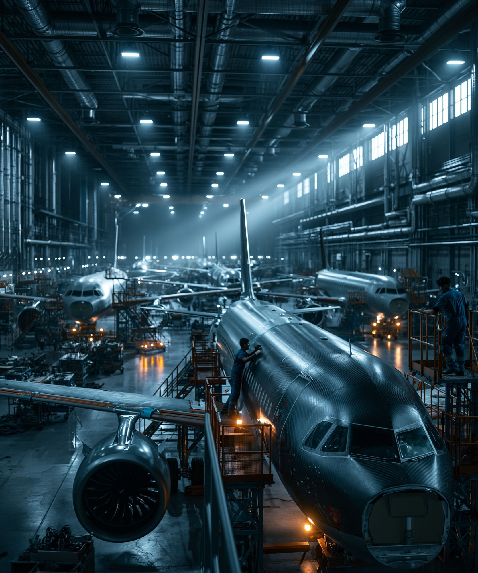 Multiple aircraft under maintenance in a dark hangar