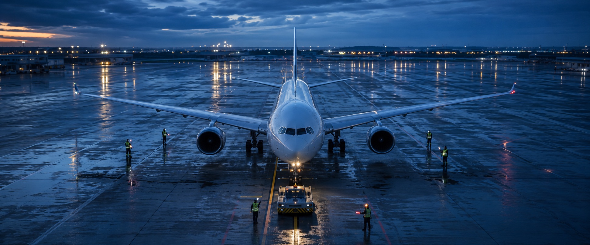 Airliner nose-on on a wet apron at blue hour, pushback tug and ground crew ahead of it