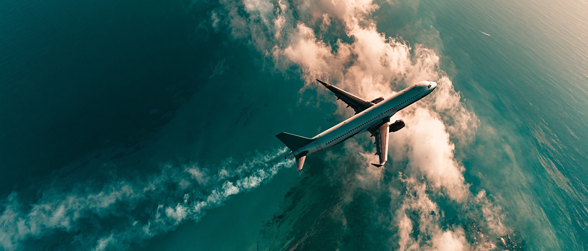 Airliner from above, crossing clouds over open water
