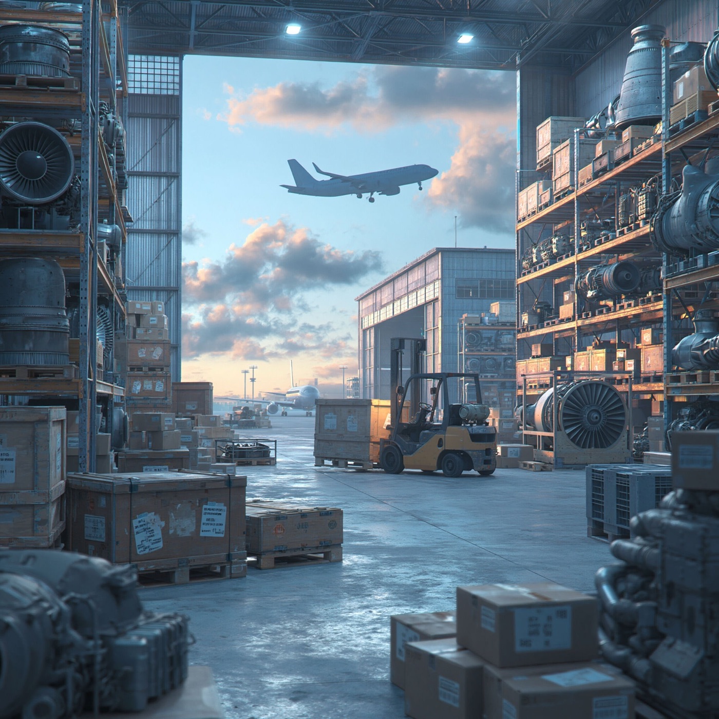 Aircraft parts bay opening onto the apron, aircraft on approach beyond