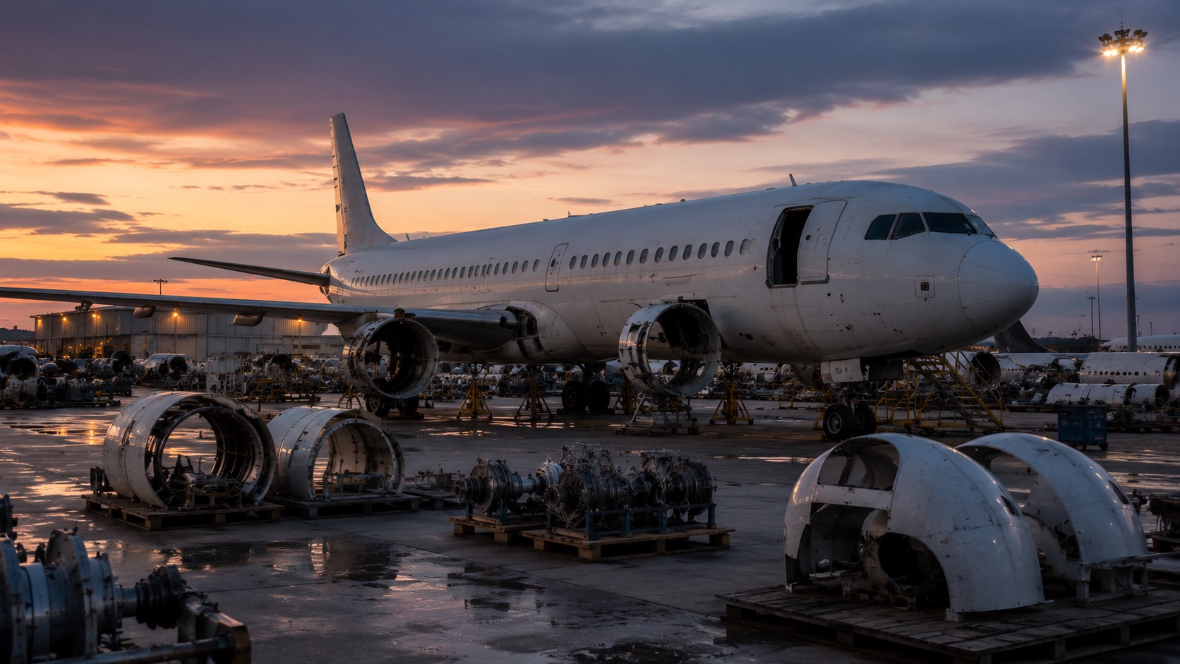 Airliner in teardown on the apron at sunset, cowlings and components staged on pallets