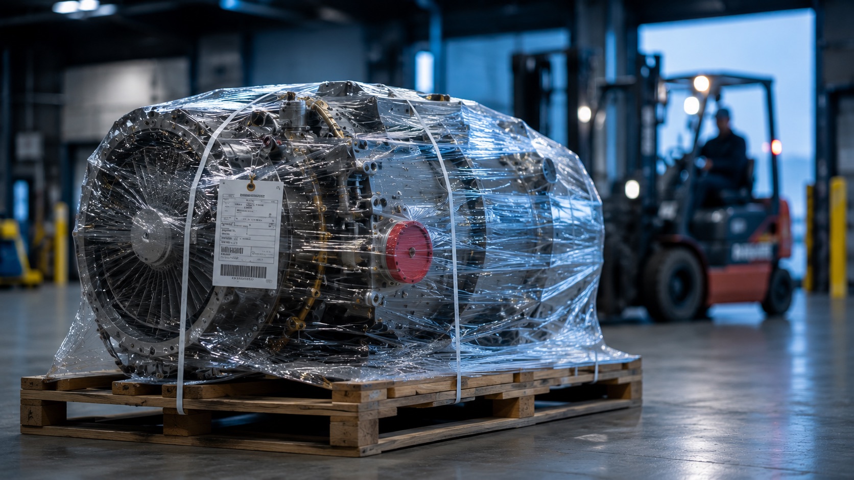 Shrink-wrapped, tagged engine module on a pallet in a warehouse, forklift approaching behind