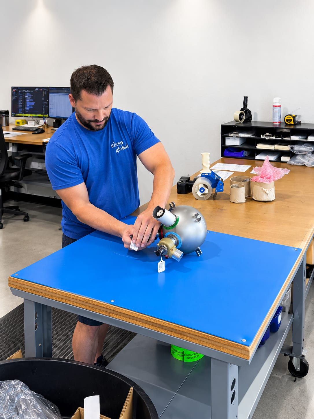 Technician inspecting an aircraft component at a blue-topped workbench