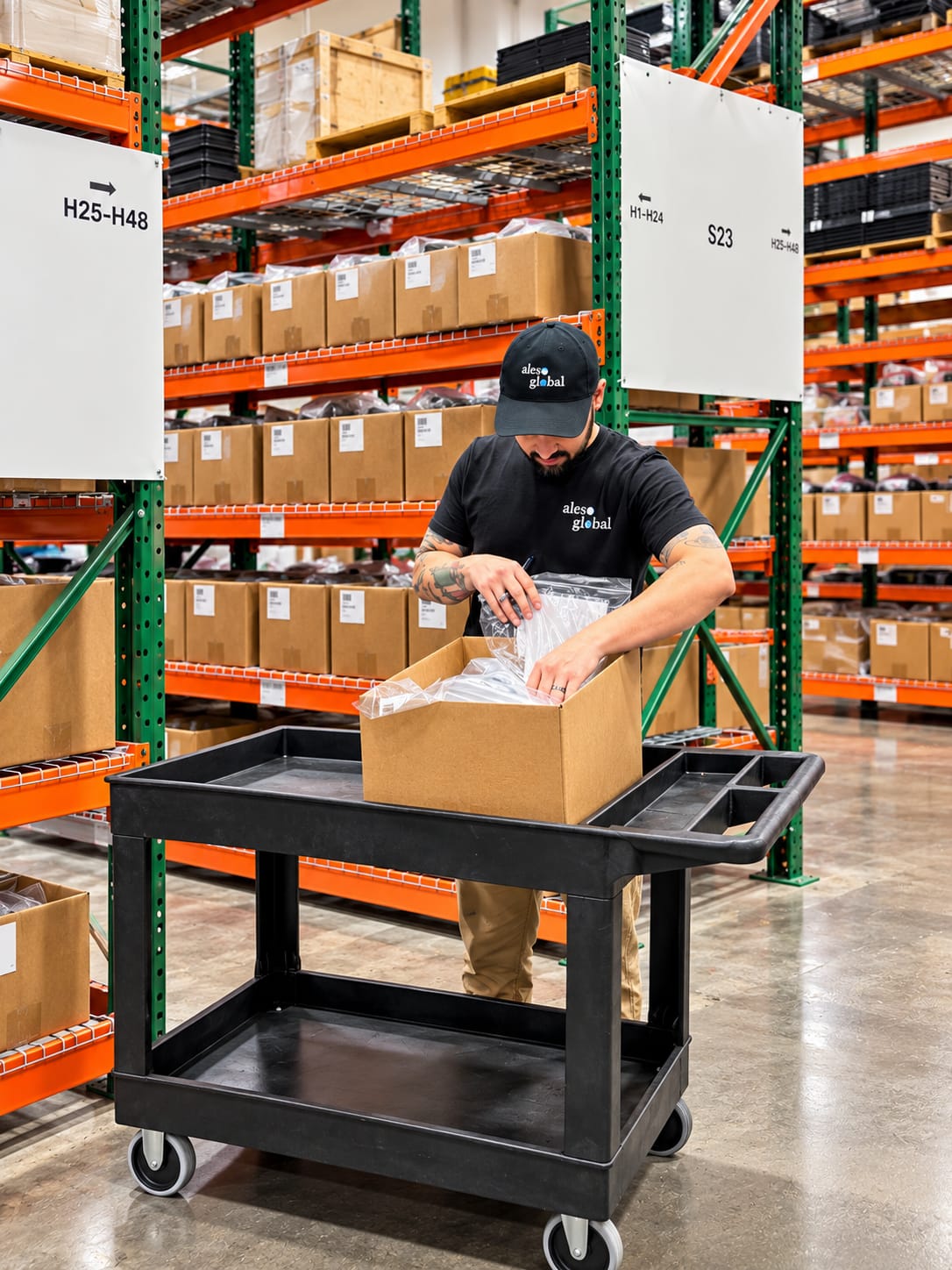 Warehouse team member packing a part into a shipping box on a cart between racks