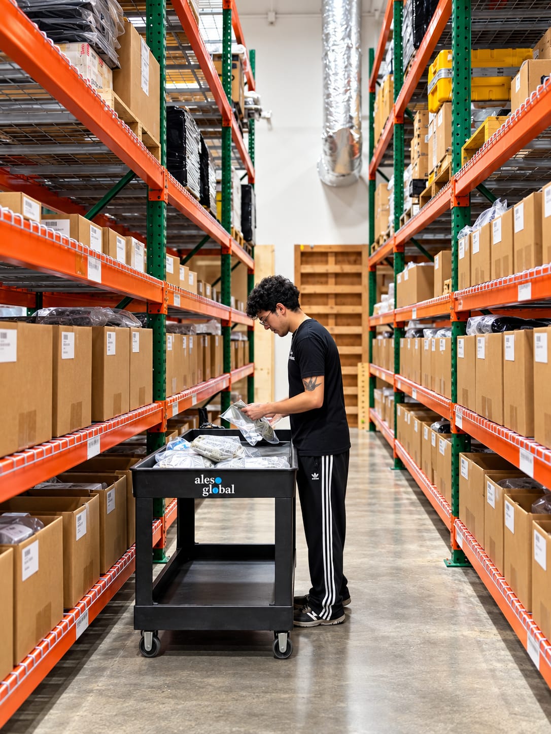 Team member checking parts on a cart in a warehouse aisle