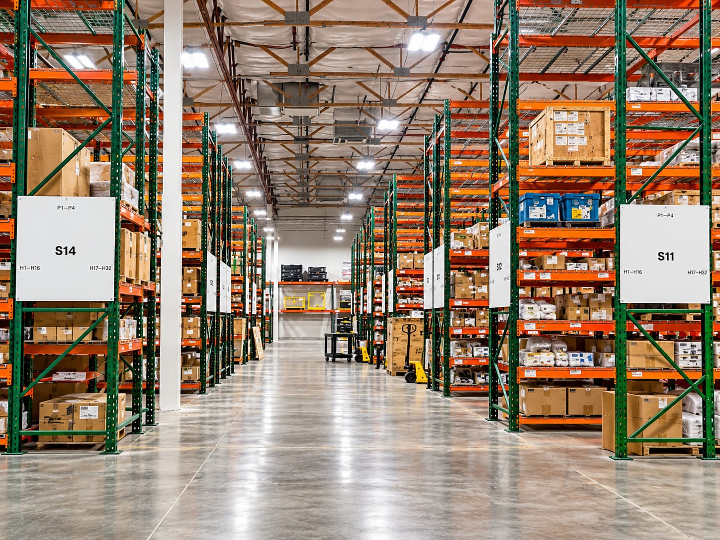 Long aisle of labeled pallet racks stocked with boxed aircraft components