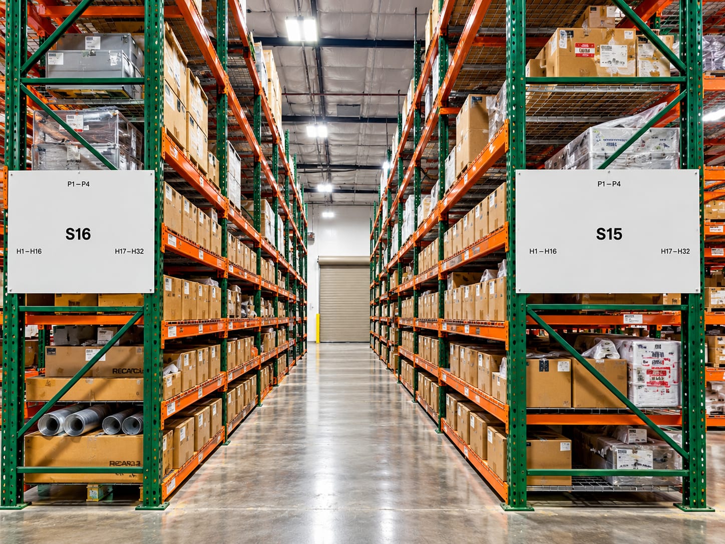 Aisle of labeled pallet racks stocked with boxed aircraft components in the Tempe warehouse