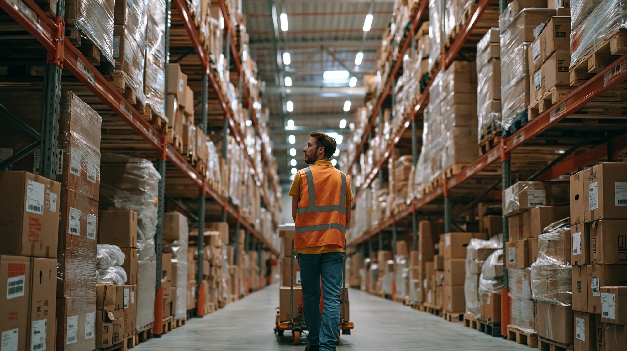 High-bay warehouse aisle with racked inventory